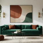 Contemporary Dutch living room featuring a deep emerald velvet sofa, monumental abstract artwork, brass sconces, round mirror, cascading hanging plants, and a curated gallery wall with black and white photographs, all illuminated by soft afternoon light.