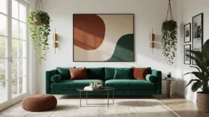 Contemporary Dutch living room featuring a deep emerald velvet sofa, monumental abstract artwork, brass sconces, round mirror, cascading hanging plants, and a curated gallery wall with black and white photographs, all illuminated by soft afternoon light.