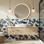 Fotorealistische foto van een moderne badkamer make-over met geometrische navy blauwe en witte tegelstickers, een zwevend wastafelmeubel, matte zwarte kranen op crèmekleurige muren, indirect ochtendlicht, bamboe accessoires met eucalyptus takken, een ronde LED-verlichte spiegel, koperen regendouchekop, vintage apothekerskast, linnen textiel in aardetinten, macramé plantenhangers met hangplant, terrazzo-achtige oppervlakken en teak houten details, geschoten op ooghoogte in een cinematisch 2.35:1 formaat met dramatische scherptediepte en warme gouden uur verlichting die een uitnodigende sfeer creëert.