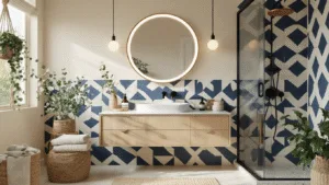 Fotorealistische foto van een moderne badkamer make-over met geometrische navy blauwe en witte tegelstickers, een zwevend wastafelmeubel, matte zwarte kranen op crèmekleurige muren, indirect ochtendlicht, bamboe accessoires met eucalyptus takken, een ronde LED-verlichte spiegel, koperen regendouchekop, vintage apothekerskast, linnen textiel in aardetinten, macramé plantenhangers met hangplant, terrazzo-achtige oppervlakken en teak houten details, geschoten op ooghoogte in een cinematisch 2.35:1 formaat met dramatische scherptediepte en warme gouden uur verlichting die een uitnodigende sfeer creëert.