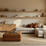 Moderne, lichtvolle woonkamer met ruimtebesparende oplossingen, asymmetrische eiken wandplanken, cognac leren opberghuisje, zandkleurige modulaire bank met verborgen lades, jute vloerkleed met geometrisch patroon, zachte gebreide dekens en fluwelen kussens in aardetinten, vloer-tot-plafond ramen met linnen gordijnen, en warme verlichting van een messing hanglamp.