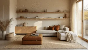 Moderne, lichtvolle woonkamer met ruimtebesparende oplossingen, asymmetrische eiken wandplanken, cognac leren opberghuisje, zandkleurige modulaire bank met verborgen lades, jute vloerkleed met geometrisch patroon, zachte gebreide dekens en fluwelen kussens in aardetinten, vloer-tot-plafond ramen met linnen gordijnen, en warme verlichting van een messing hanglamp.