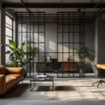 Fotorealistische afbeelding van een moderne loft met een zwart stalen roomdivider met geometrische patronen, waarmiddagzonlicht door vloer- tot plafondramen schijnt op gepolijste betonnen vloeren. Een cognackleurige leren bank links, een eiken bureau rechts, warme grijze muren en matte zwarte accessoires met een potted monstera plant.