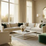 Cinematische hyperrealistische foto van een elegante woonkamer tijdens het gouden uur, met een crème fluwelen L-vormige bank, witte marmeren salontafel met messing poten, taupe bouclé accentstoelen, en een smaragdgroene fluwelen ottomaan, verlicht door natuurlijk zonlicht dat door vloer-tot-plafond ramen stroomt, met frisse witte orchideeën in een messing vaas en een neutrale wollen vloerkleed.