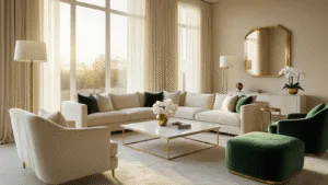 Cinematische hyperrealistische foto van een elegante woonkamer tijdens het gouden uur, met een crème fluwelen L-vormige bank, witte marmeren salontafel met messing poten, taupe bouclé accentstoelen, en een smaragdgroene fluwelen ottomaan, verlicht door natuurlijk zonlicht dat door vloer-tot-plafond ramen stroomt, met frisse witte orchideeën in een messing vaas en een neutrale wollen vloerkleed.