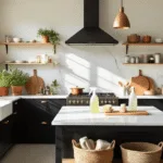 Cinematic wide shot of a modern Dutch kitchen featuring matte black cabinets with copper handles, a white marble countertop, and high east-facing windows, illuminated by soft morning light, showcasing eco-friendly cleaning essentials and a minimalist Scandinavian design aesthetic.