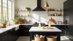 Cinematic wide shot of a modern Dutch kitchen featuring matte black cabinets with copper handles, a white marble countertop, and high east-facing windows, illuminated by soft morning light, showcasing eco-friendly cleaning essentials and a minimalist Scandinavian design aesthetic.