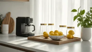 Cinematische foto van een moderne minimalistische keuken met een wit composiet aanrecht, een rustieke houten dienblad en een zwarte koffiemachine. Zorgvuldig gestyled met glazen opbergpotten met messing deksels en een marmeren fruitkom met verse citroenen. Zachte ochtendlicht en schaduwen benadrukken de texturen en materialen.