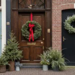 Cinematic photography capturing a collection of diverse Christmas wreaths displayed on various Dutch entryways, featuring traditional, minimalist, rustic, industrial, and Scandinavian styles, all enhanced by natural golden hour lighting and architectural details.