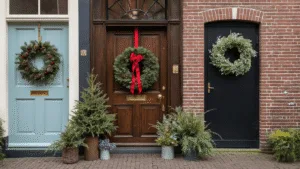Cinematic photography capturing a collection of diverse Christmas wreaths displayed on various Dutch entryways, featuring traditional, minimalist, rustic, industrial, and Scandinavian styles, all enhanced by natural golden hour lighting and architectural details.