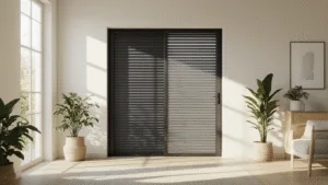 Een moderne Scandinavische woonkamer met een grote glazen schuifdeur en een antracietgrijze plissé-screendoor, verlicht door diagonale namiddagzon die geometrische schaduwen werpt op de lichte eikenhouten vloer en de crème witte muren, met minimalistisch meubilair en kamerplanten.