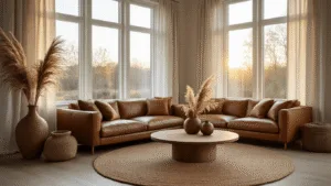 Een hyperrealistisch fotografisch beeld van een moderne Scandinavische woonkamer, met hoge ramen, lichte linnen gordijnen, een cognackleurige leren bank met textuurkussens, een ronde jute vloerkleed en een robuuste eikenhouten salontafel, verlicht door het zachte gouden uurlicht.
