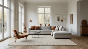 Moderne Scandinavische woonkamer met een warme, grijs L-vormige bank op een crèmekleurig handgeweven wollen tapijt, verlicht door natuurlijk daglicht dat door de vloer- tot plafondramen stroomt, met vintage koperen vloerlampen en terracotta accenten op eikenhouten herringbone vloeren, in een minimalistisch ontwerp voor mid-century moderne meubels.