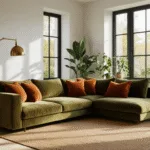 Photorealistisch interieurbeeld van een Scandinavisch-modern woonkamer met een olijfgroene fluwelen hoekbank, terracotta accentkussens, een natuurlijk jute tapijt en een vintage messing vloerlamp, omringd door overvloedige kamerplanten en grote zwart stalen raamkozijnen waarlangs het warme ochtendlicht binnenvalt.