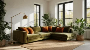Photorealistisch interieurbeeld van een Scandinavisch-modern woonkamer met een olijfgroene fluwelen hoekbank, terracotta accentkussens, een natuurlijk jute tapijt en een vintage messing vloerlamp, omringd door overvloedige kamerplanten en grote zwart stalen raamkozijnen waarlangs het warme ochtendlicht binnenvalt.