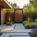 Cinematische beeld van een moderne tuin met een geïntegreerde warmtepomp, omgeven door bamboe, siergrassen en lavendel, met een enignere warme gloed in de avond.