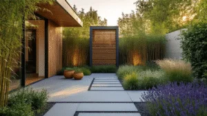 Cinematische beeld van een moderne tuin met een geïntegreerde warmtepomp, omgeven door bamboe, siergrassen en lavendel, met een enignere warme gloed in de avond.