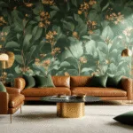 Moderne woonkamer met botanisch behang in smaragdgroen, cognackleurige lederen bank, messing vloerlampen en daglicht dat door hoge ramen binnenstroomt, vergezeld van textuur kussens in saliegroen.