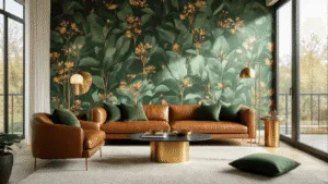 Moderne woonkamer met botanisch behang in smaragdgroen, cognackleurige lederen bank, messing vloerlampen en daglicht dat door hoge ramen binnenstroomt, vergezeld van textuur kussens in saliegroen.