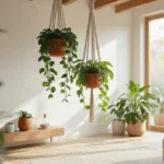 Cinematisch brede opname van een moderne Scandinavische woonkamer met macramé hangplanten, terracotta en witte keramieken potten aan zichtbare houten balken, variërende hoogtes, en variegerende Scindapsus-planten die het ochtendlicht vangen, minimalistische witte muren en een neutraal kleurenpalet met aardetonen.