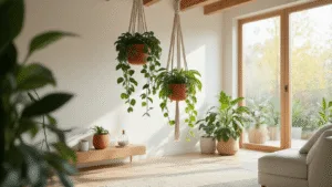 Cinematisch brede opname van een moderne Scandinavische woonkamer met macramé hangplanten, terracotta en witte keramieken potten aan zichtbare houten balken, variërende hoogtes, en variegerende Scindapsus-planten die het ochtendlicht vangen, minimalistische witte muren en een neutraal kleurenpalet met aardetonen.