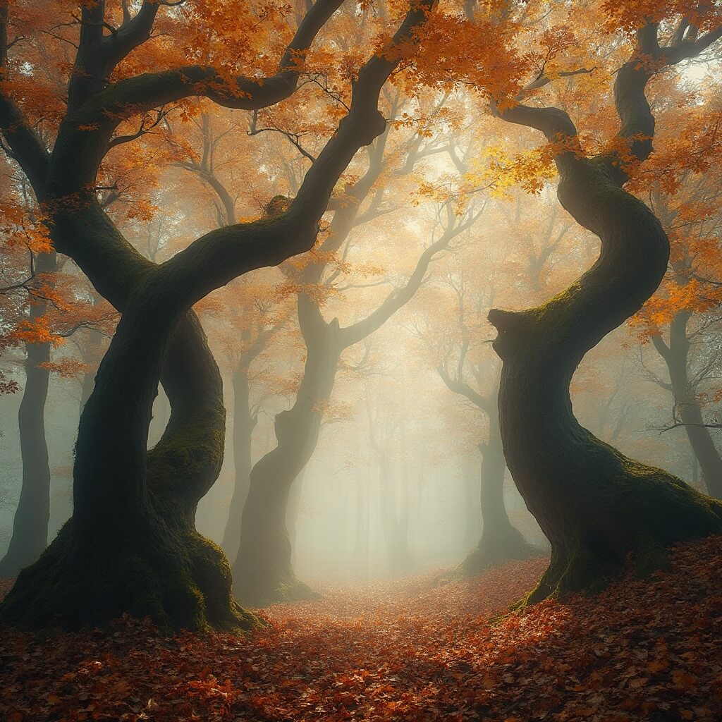 A mystical autumn forest with twisted oak and beech trees, early morning mist weaving through the branches, and a golden-orange leaf canopy casting soft light and shadows on a leaf-covered forest floor.