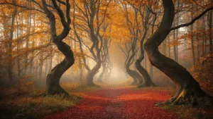 A mystical autumn forest in the Netherlands with twisted oak and beech trees surrounded by golden foliage, morning mist, soft light filtering through branches, and a winding path covered in rich red and yellow leaves.