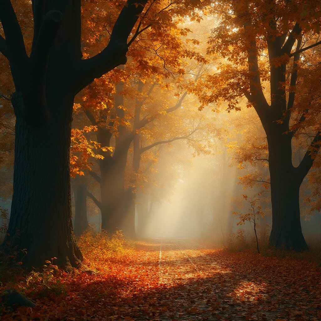 A mystical autumn forest path in Oisterwijk, lined by massive beech trees forming a natural tunnel with golden sunlight filtering through vibrant orange and yellow leaves, casting dappled patterns on a carpet of fallen foliage, leading into a softly misty background.
