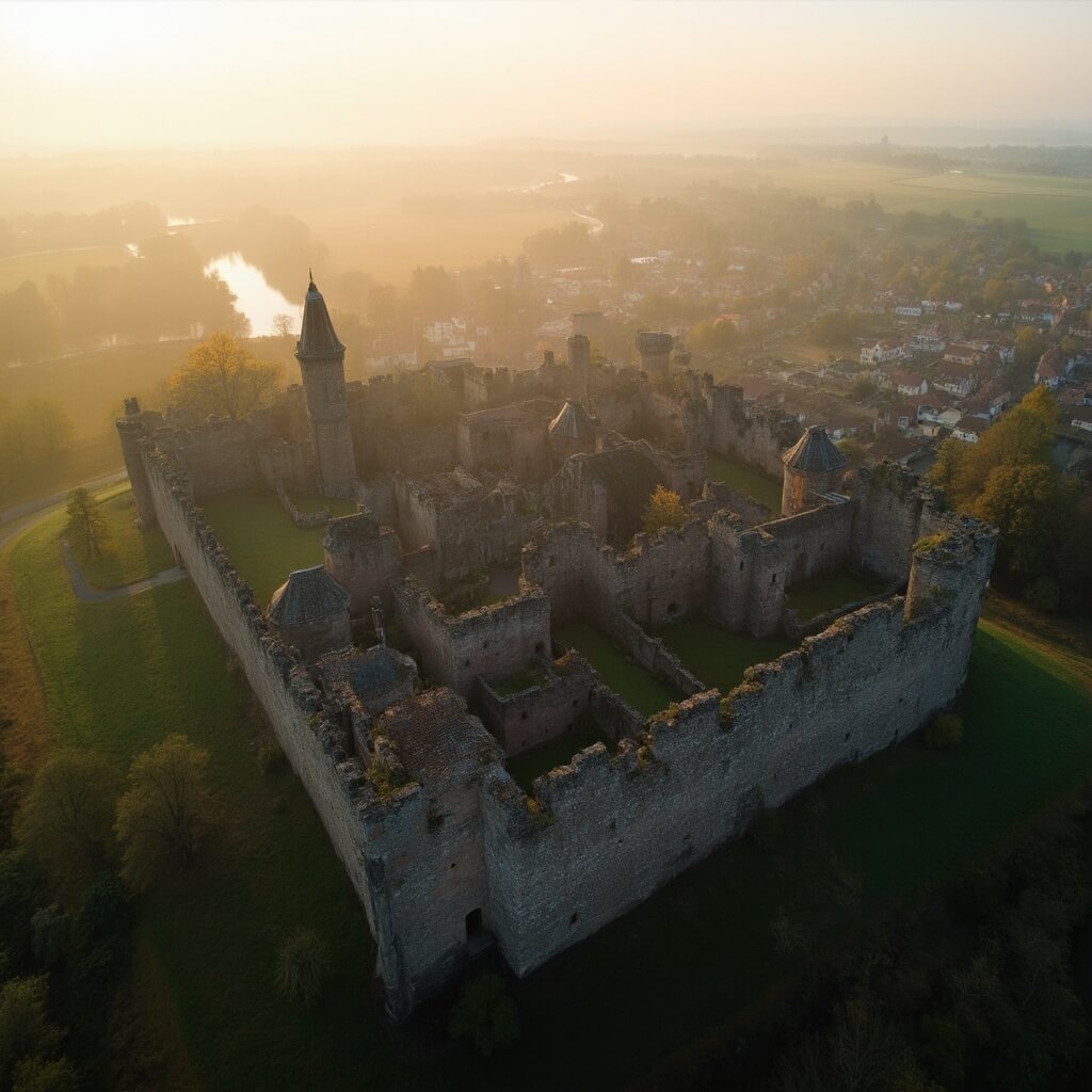 Luchtfoto van de middeleeuwse vestingstad Naarden-Vesting in de gouden herfstlich, met oude stenen muren en bastions zichtbaar, omringd door een groen landschap en een zachte mistige sfeer. Historische architectuur duidelijk zichtbaar vanaf boven, zonder mensen.