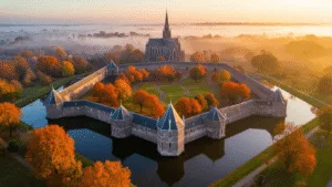 Aerial view of Naarden-Vesting, a star-shaped medieval fortress city, during a golden autumn sunset. The image showcases its hexagonal structure with bastions and double defensive walls, surrounded by moats and fall-colored trees reflecting in the water. The Gothic Great Church stands at the center, enveloped in soft autumn mist, highlighting the fortress's architectural symmetry with dramatic lighting and shadows.