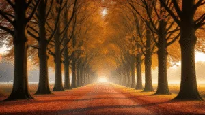 A serene autumn scene of a tree-lined avenue in Oisterwijk, Netherlands, featuring towering beech trees with golden-orange leaves, a carpet of fallen leaves on the ground, dappled sunlight filtering through the canopy, and a mystical mist hovering above, all captured in warm tones during golden hour.