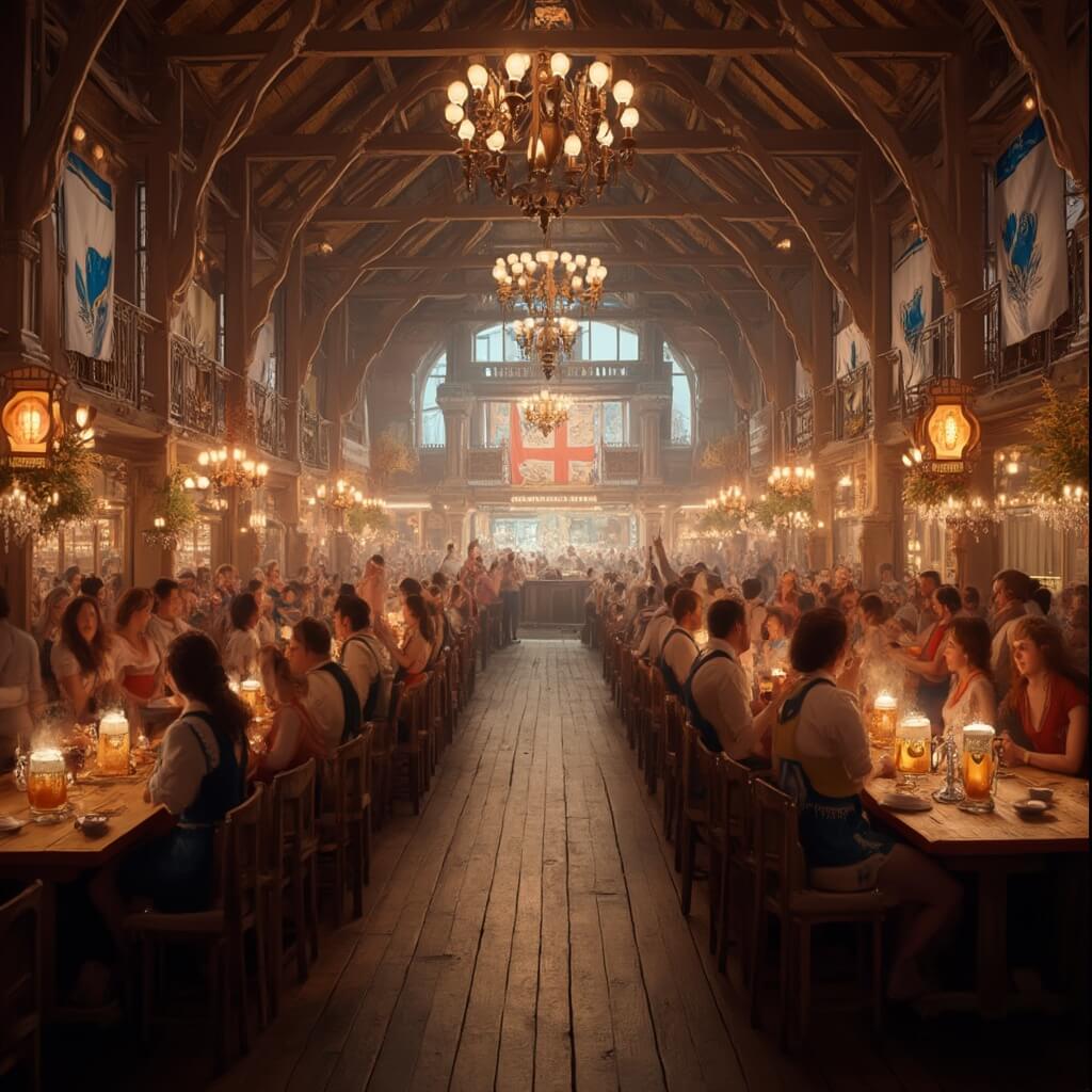A lively Oktoberfest pavilion featuring a spacious wooden beer hall filled with long communal tables, adorned with blue and white Bavarian flags and hanging chandeliers, showcasing people in traditional dirndls and lederhosen raising steins of beer in celebration under warm ambient lighting, captured in a wide-angle shot to highlight the festive atmosphere.