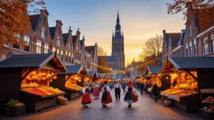 A vibrant sunset scene in Ootmarsum's marketplace, featuring traditional wooden stalls with colorful local produce and crafts, Twente folk dancers in authentic costumes performing on cobblestone streets, a medieval church tower in the background, and autumn leaves framing the setting, all illuminated by soft golden light and festive overhead lights.