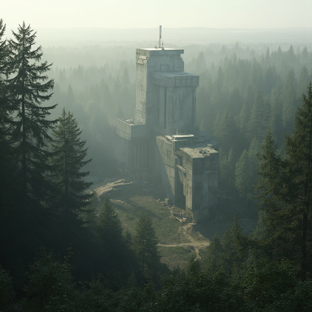 Fotorealistisch landschap van Radio Kootwijk, met een enorme betonnen communicatielocatie omringd door dichte dennenbossen, architectonisch wonder uit de jaren 20, brutalistisch ontwerp, zacht ochtendlicht dat door de bomen filtert, gedetailleerde betonnen textuur, geen mensen zichtbaar.