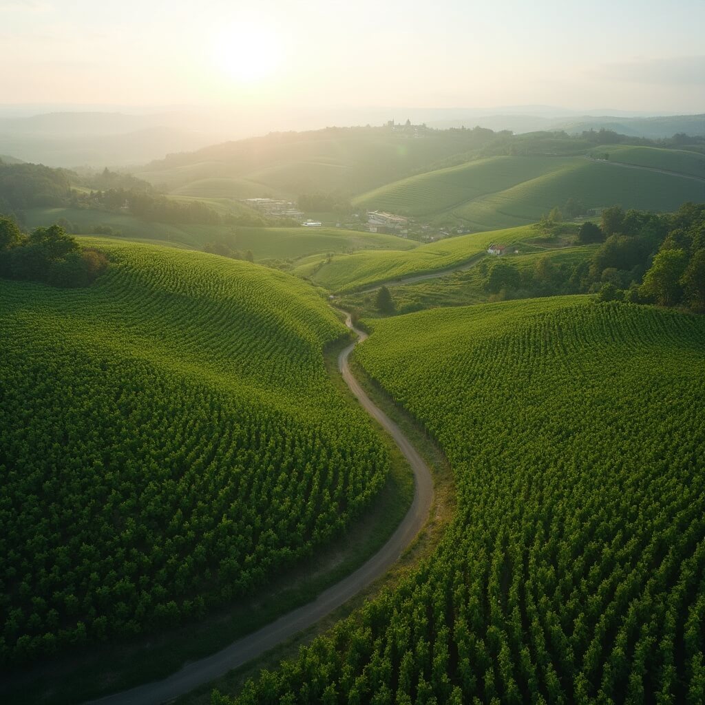 Luchtfoto van weelderige, glooiende wijnvelden in Zuid-Limburg met kronkelige e-bike paden, zachte heuvels en een groen landschap in het zachte ochtendlicht, met een pastorale en serene sfeer, zonder zichtbare mensen.