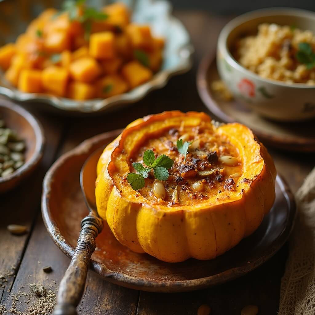 Close-up van een rustieke boerderijtafel met ambachtelijke veganistische pompoengerechten, geroosterde pompoenzaden, pompoencurry, quinoa-gevulde pompoen, natuurlijke houten textuur, zachte gediffundeerde belichting, boerderij-tot-tafel esthetiek, herfstkleurenpalet met diepe oranjetinten en warme bruintinten, professionele voedsel fotografie stijl.