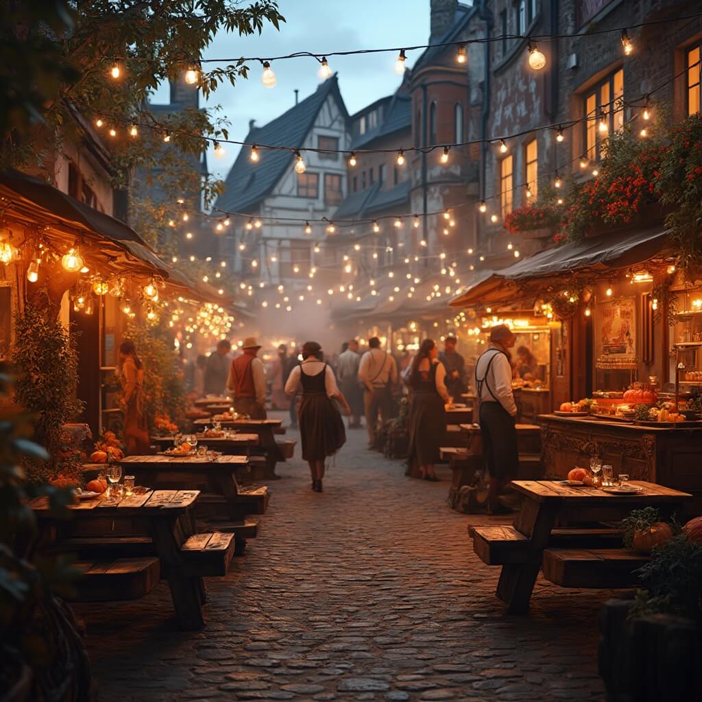 A cozy Biergarten in Sittard's historic center at dusk, featuring wooden benches and tables illuminated by warm fairy lights, surrounded by charming half-timbered buildings. Food stalls selling bratwurst produce rising smoke, while decorative autumn flowers and pumpkins enhance the ambiance. People in traditional German attire are seen socializing in this atmospheric setting.