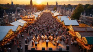 Aerial view of the Oktoberfest celebration in Sittard, Netherlands, featuring Bavarian-style pavilions, vibrant crowds in dirndls and lederhosen, beer tents with Brand beer logos, colorful carnival rides, and food stalls with bratwurst, all illuminated by a warm golden sunset over the historic city center.