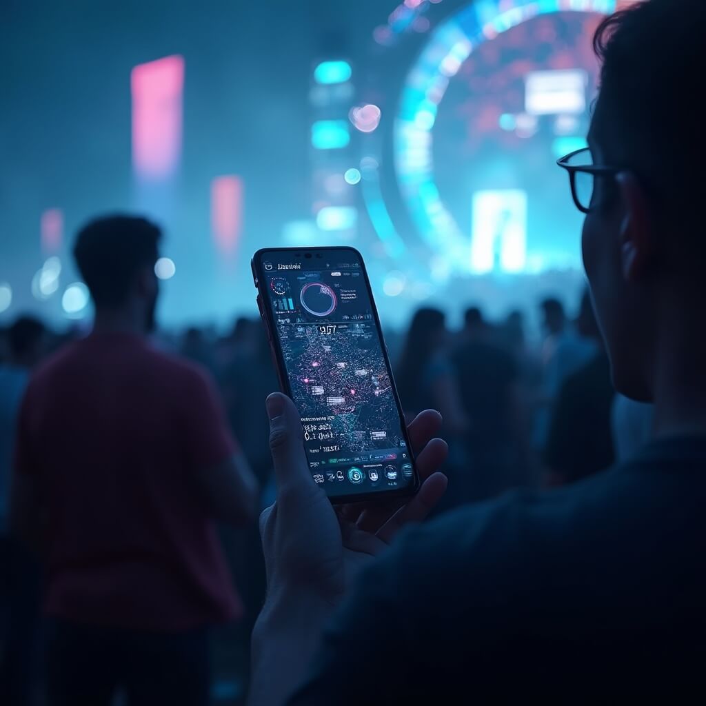 Moderne festivaltechnologie met een app-interface die real-time evenementupdates toont, een interactieve digitale kaart, mensen met smartphones op de festivalgrond op de achtergrond, een strakke technologische sfeer met een zachte blauwe digitale gloed, die de digitale transformatie van festivalervaringen vastlegt.