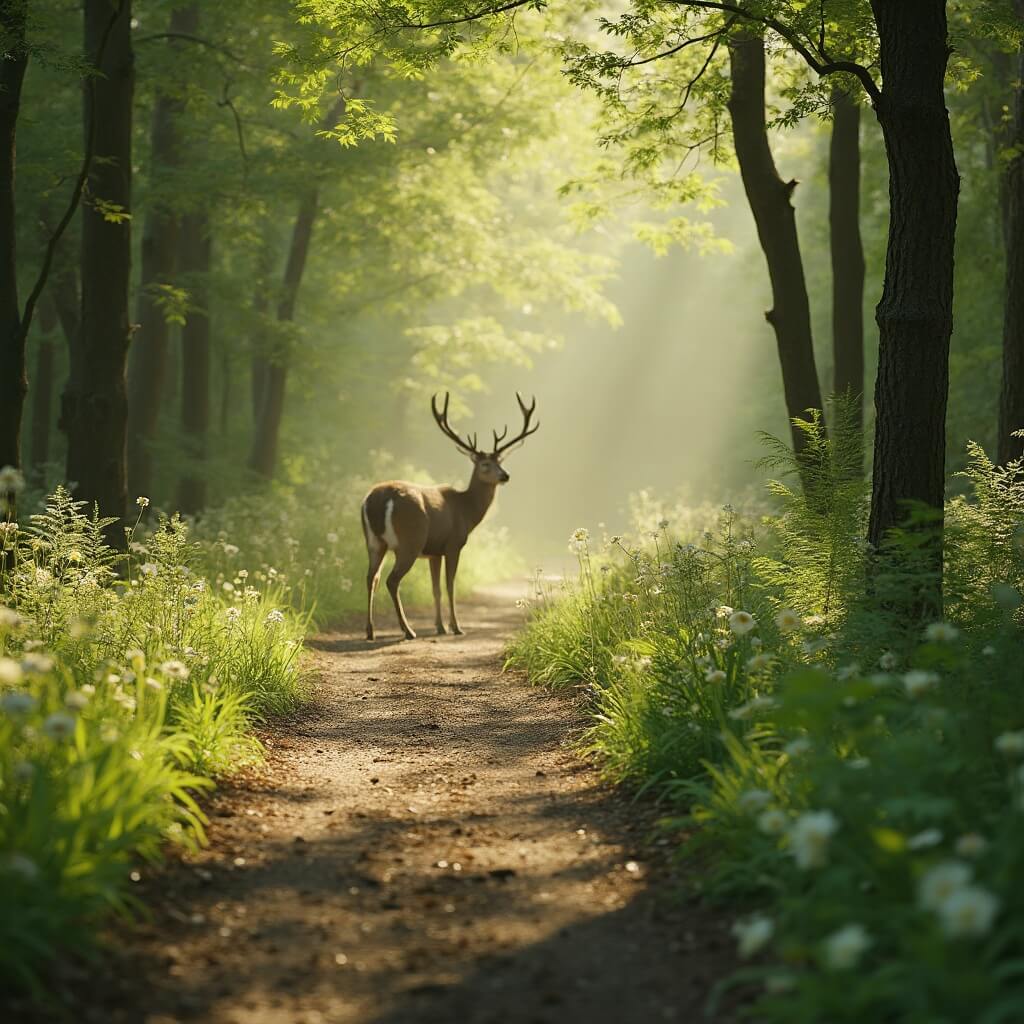 A tranquil spring scene in Kroondomein Het Loo featuring a cycling path bordered by young ferns and blooming flowers, with a male red deer alert in a clearing, illuminated by dappled morning sunlight.