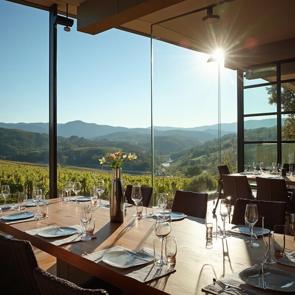 An intimate wine tasting setting at St. Martinus vineyard, showcasing a modern glass-walled tasting room with panoramic views of terraced vineyards, eco-friendly solar panels on the wine cellar roof, elegant wine glasses reflecting natural light, and the rolling hills of Vijlen under a bright blue sky.