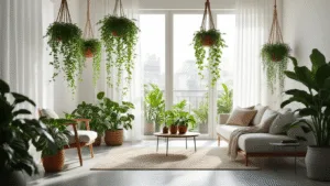 Fotorealistische afbeelding van een moderne minimalistische woonkamer met hangplanten, veel licht van grote ramen, witte linnen gordijnen, terracotta en macramé plantenhangers, en een warme gouden uurgloed.