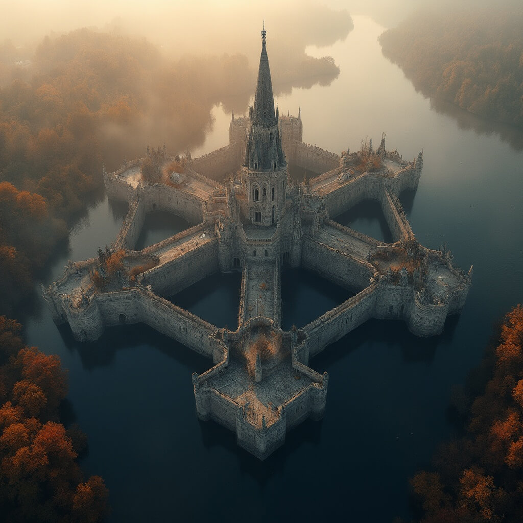 Aerial view of a star-shaped medieval fortress city surrounded by autumn trees and water moats, featuring geometric bastions and defensive walls, with a prominent Gothic church spire in the center, under soft morning mist during golden hour.