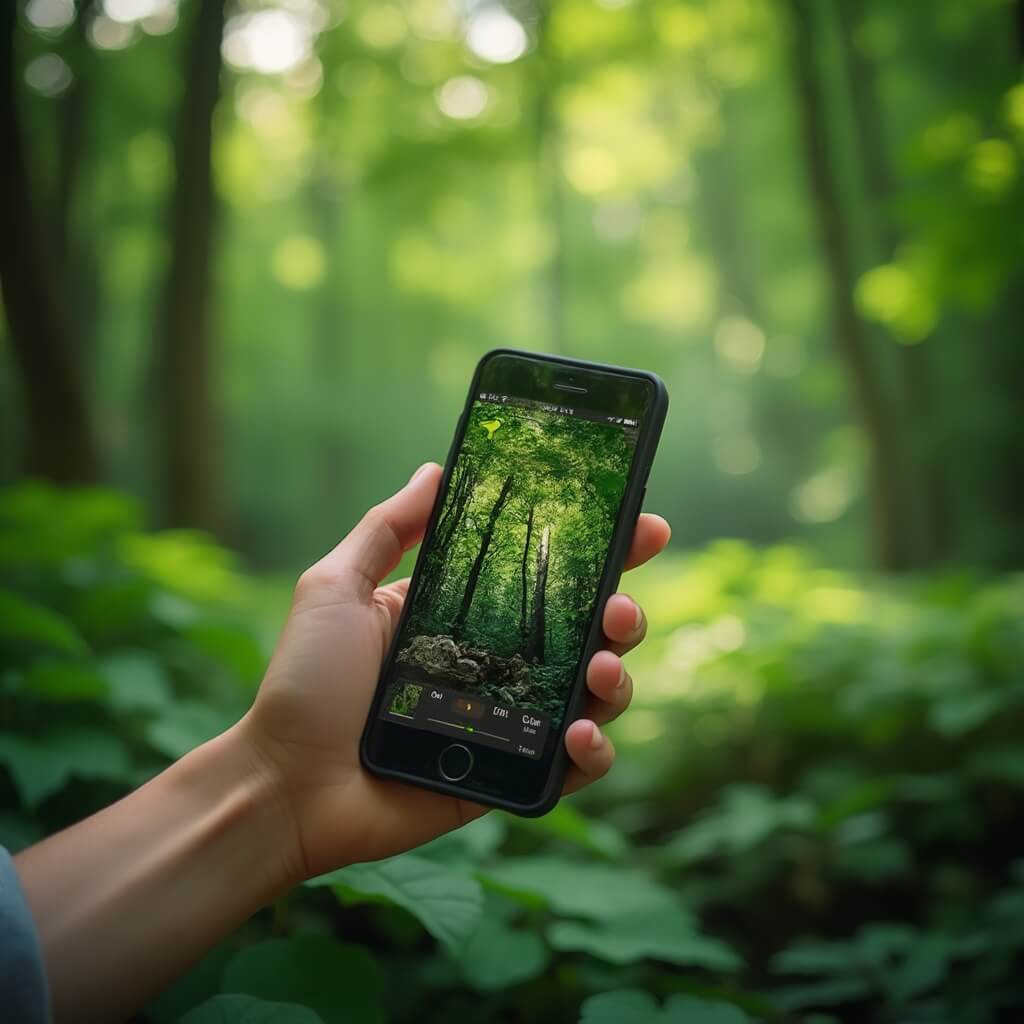 Close-up van een hand die een smartphone vasthoudt, terwijl een boomsoort wordt geïdentificeerd, omringd door een weelderige groene bosachtergrond, met een gedetailleerd smartphonescherm dat een plantidentificatie-app toont, natuurlijk licht, hoge resolutie botanische details, bosecosysteem in zachte focus.