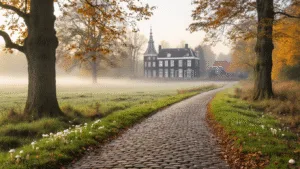 A misty autumn morning landscape at Twickel Estate in the Netherlands, showcasing a historic black and white manor house surrounded by vibrant fall foliage, ancient trees, and a winding cobblestone path lined with mushrooms, all enveloped in soft morning fog.