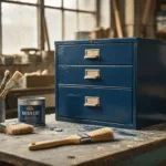 Cinematic Dutch workshop scene featuring a 1950s metal filing cabinet being painted navy blue, with natural light illuminating neatly arranged painting supplies on a weathered workbench.