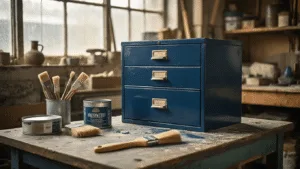 Cinematic Dutch workshop scene featuring a 1950s metal filing cabinet being painted navy blue, with natural light illuminating neatly arranged painting supplies on a weathered workbench.