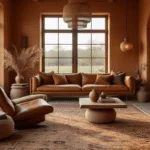Cinematic photograph of a spacious Dutch living room featuring warm earth tones, cognac leather lounge chair, terracotta walls, high windows, handwoven Berber carpet, vintage leather suitcases, handmade ceramic vases, layered textiles, Moroccan brass pendant lamp, macramé wall hanging, teak furniture, and indoor plants.