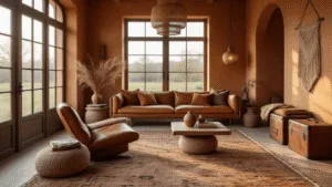Cinematic photograph of a spacious Dutch living room featuring warm earth tones, cognac leather lounge chair, terracotta walls, high windows, handwoven Berber carpet, vintage leather suitcases, handmade ceramic vases, layered textiles, Moroccan brass pendant lamp, macramé wall hanging, teak furniture, and indoor plants.