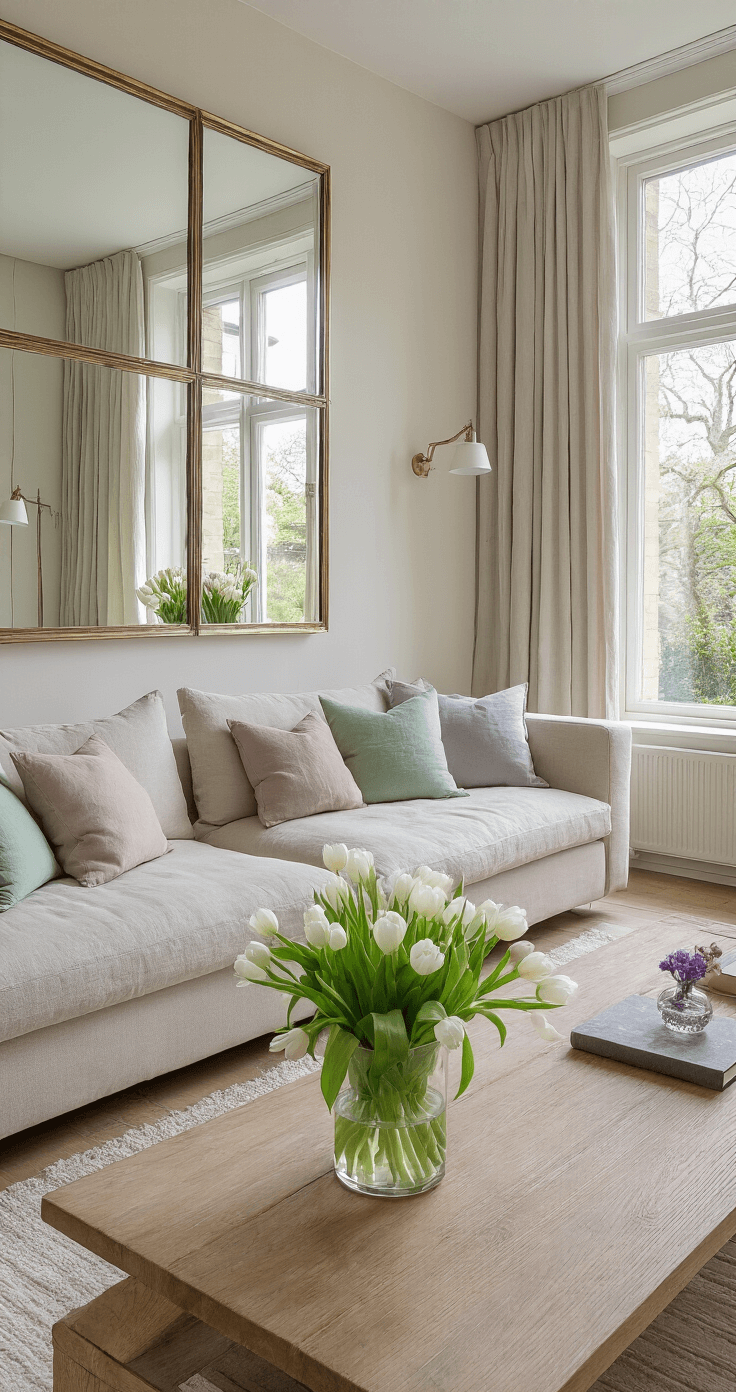 Ruime woonkamer met grote ramen en ochtendlicht, beige linnen bank met pastelgroene en lavendelkleurige kussens, eikenhouten salontafel met glazen vaas vol bloemen, wandspiegel en doorschijnende witte gordijnen, sereen voorjaar.